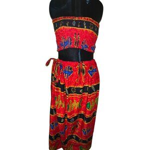 Red Black Tropical Fish Print Womens 2 Pc Maxi Skirt Smocked Tube Top Jammin Sex